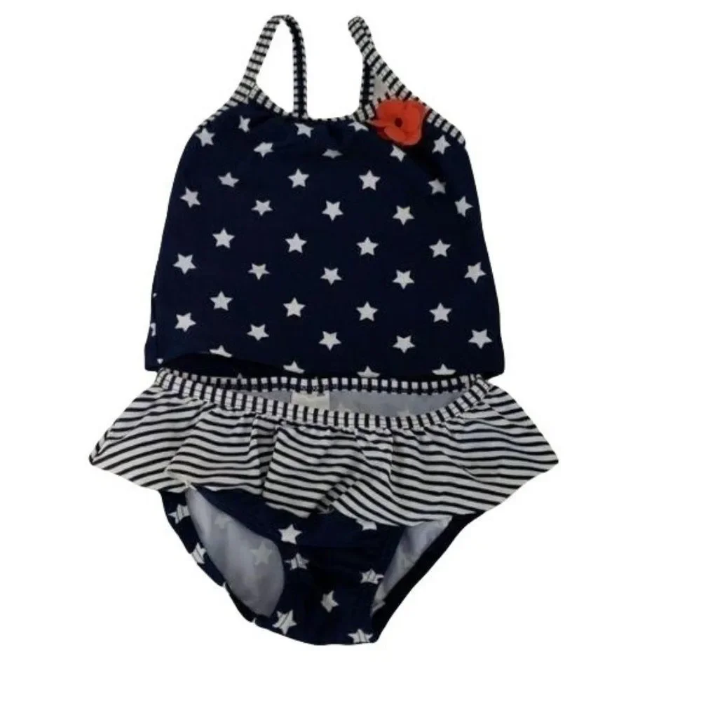 Carter's Girls 2 piece Tankini Bikini Blue Stars‎ Stripes Bathing Suit 6 Months